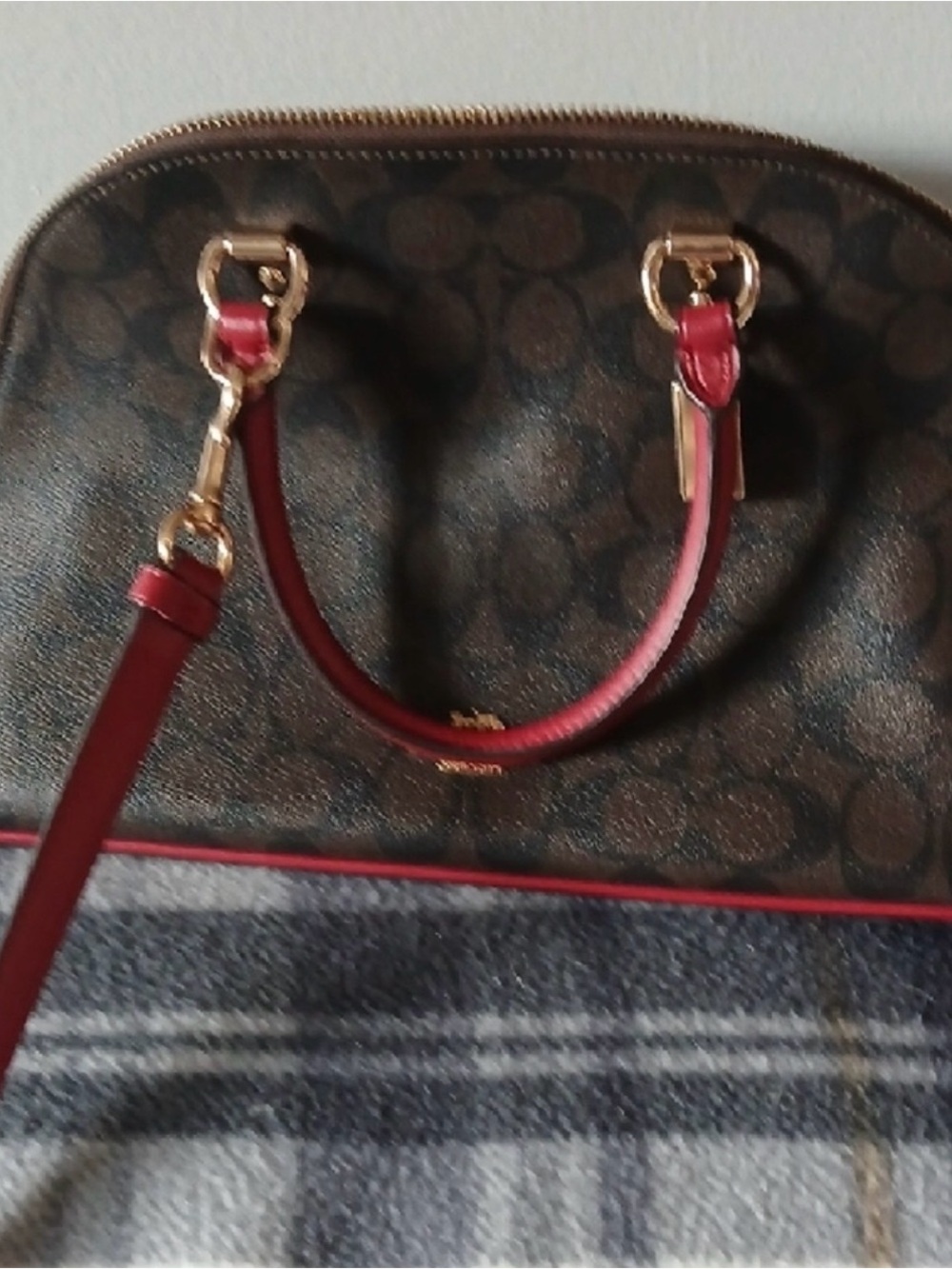 Coach Brown Signature Dome Satchel with Red Handles and Trim - Picture 3 of 11